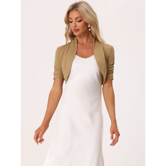 Short Sleeve Shrugs Ruched Sleeve Open Front Cropped Bolero Camel - Picture 4 of 5
